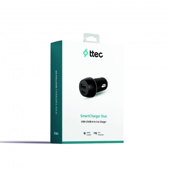 ttec SmartCharger Duo 3.1A Araç Şarj Aleti USB-C+USB-A Siyah